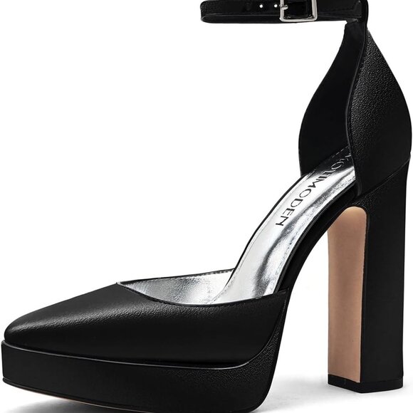 Women's Faux Leather Chunky Platform Heels 4.8 High Ankle Strap Pumps - Picture 1 of 6